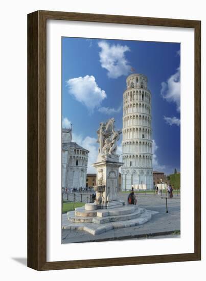 Tourists admiring the Renaissance fountain and the Leaning Tower of Pisa in summer-Roberto Moiola-Framed Photographic Print