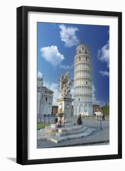 Tourists admiring the Renaissance fountain and the Leaning Tower of Pisa in summer-Roberto Moiola-Framed Photographic Print