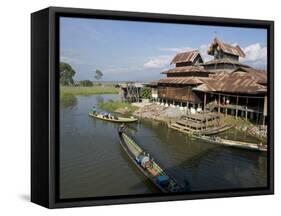 Tourists Arrive by Boat at Monastery on Inle Lake, Shan State, Myanmar (Burma)-Julio Etchart-Framed Stretched Canvas