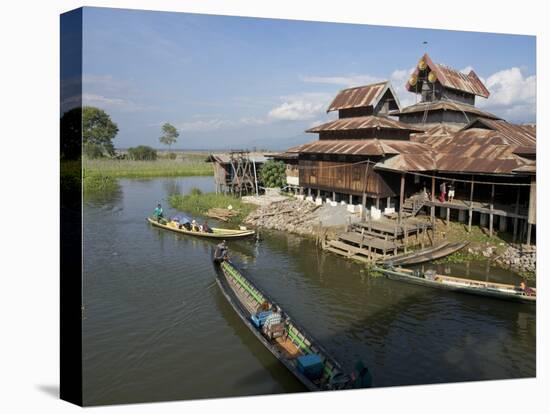 Tourists Arrive by Boat at Monastery on Inle Lake, Shan State, Myanmar (Burma)-Julio Etchart-Stretched Canvas