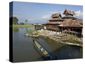 Tourists Arrive by Boat at Monastery on Inle Lake, Shan State, Myanmar (Burma)-Julio Etchart-Stretched Canvas