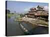 Tourists Arrive by Boat at Monastery on Inle Lake, Shan State, Myanmar (Burma)-Julio Etchart-Stretched Canvas