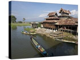 Tourists Arrive by Boat at Monastery on Inle Lake, Shan State, Myanmar (Burma)-Julio Etchart-Stretched Canvas