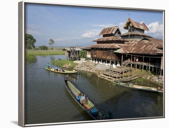 Tourists Arrive by Boat at Monastery on Inle Lake, Shan State, Myanmar (Burma)-Julio Etchart-Framed Photographic Print