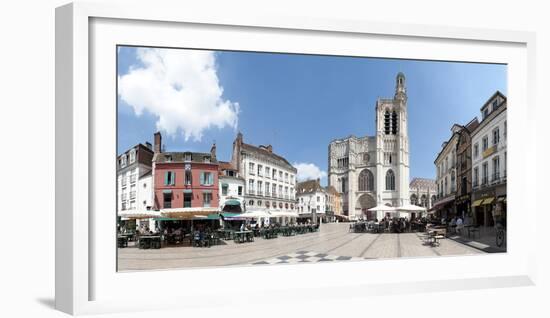 Tourists at sidewalk cafe outside cathedral, Sens Cathedral, Sens, Yonne, Burgundy, France-null-Framed Photographic Print