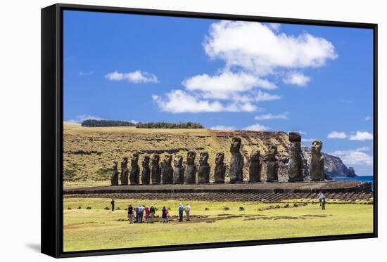 Tourists at the 15 Moai Restored Ceremonial Site of Ahu Tongariki-Michael Nolan-Framed Stretched Canvas