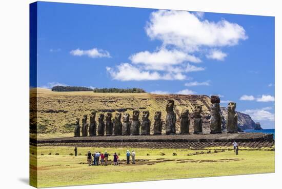 Tourists at the 15 Moai Restored Ceremonial Site of Ahu Tongariki-Michael Nolan-Stretched Canvas