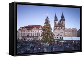 Tourists at the Christmas markets facing the Cathedral of St. Vitus, Old Town Square, UNESCO World -Roberto Moiola-Framed Stretched Canvas