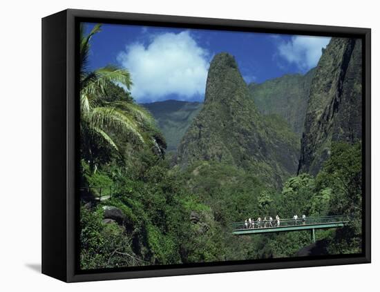 Tourists Crossing Bridge under the Maui Iao Needle, Hawaii, United States of America, North America-Tovy Adina-Framed Stretched Canvas