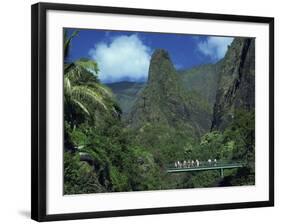 Tourists Crossing Bridge under the Maui Iao Needle, Hawaii, United States of America, North America-Tovy Adina-Framed Photographic Print