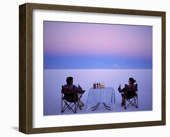 Tourists Enjoy Sundowners While Looking Out across the Endless Salt Crust of Salar De Uyuni-John Warburton-lee-Framed Photographic Print