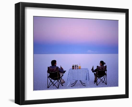 Tourists Enjoy Sundowners While Looking Out across the Endless Salt Crust of Salar De Uyuni-John Warburton-lee-Framed Photographic Print