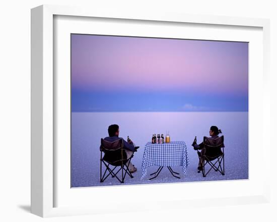 Tourists Enjoy Sundowners While Looking Out across the Endless Salt Crust of Salar De Uyuni-John Warburton-lee-Framed Photographic Print