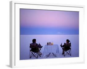 Tourists Enjoy Sundowners While Looking Out across the Endless Salt Crust of Salar De Uyuni-John Warburton-lee-Framed Photographic Print