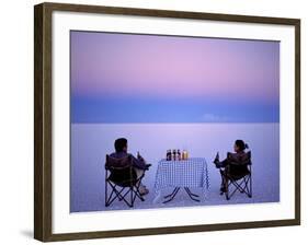 Tourists Enjoy Sundowners While Looking Out across the Endless Salt Crust of Salar De Uyuni-John Warburton-lee-Framed Photographic Print