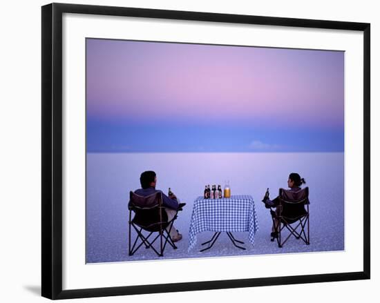 Tourists Enjoy Sundowners While Looking Out across the Endless Salt Crust of Salar De Uyuni-John Warburton-lee-Framed Photographic Print