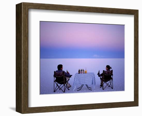 Tourists Enjoy Sundowners While Looking Out across the Endless Salt Crust of Salar De Uyuni-John Warburton-lee-Framed Photographic Print