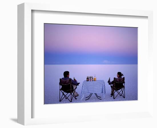 Tourists Enjoy Sundowners While Looking Out across the Endless Salt Crust of Salar De Uyuni-John Warburton-lee-Framed Photographic Print