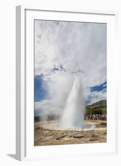 Tourists Gather to Watch Strokker Geyser (Geysir), an Erupting Spring at Haukadalur, Iceland-Michael Nolan-Framed Photographic Print