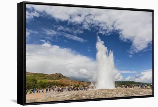 Tourists Gather to Watch Strokker Geyser (Geysir), an Erupting Spring at Haukadalur, Iceland-Michael Nolan-Framed Stretched Canvas