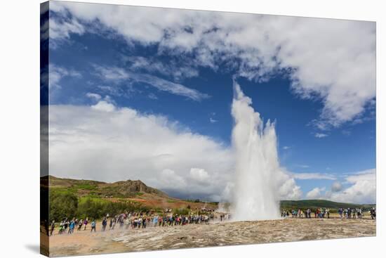 Tourists Gather to Watch Strokker Geyser (Geysir), an Erupting Spring at Haukadalur, Iceland-Michael Nolan-Stretched Canvas