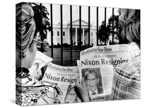 Tourists in Front of the White House Read Headlines, 'Nixon Resigning,' Aug 8, 1974-null-Stretched Canvas