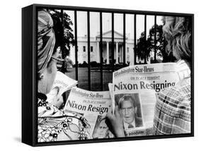 Tourists in Front of the White House Read Headlines, 'Nixon Resigning,' Aug 8, 1974-null-Framed Stretched Canvas