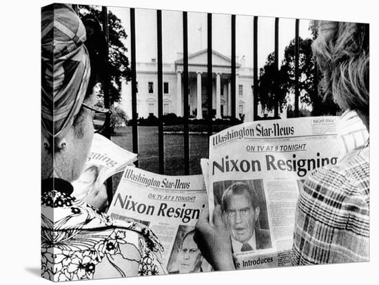 Tourists in Front of the White House Read Headlines, 'Nixon Resigning,' Aug 8, 1974-null-Stretched Canvas