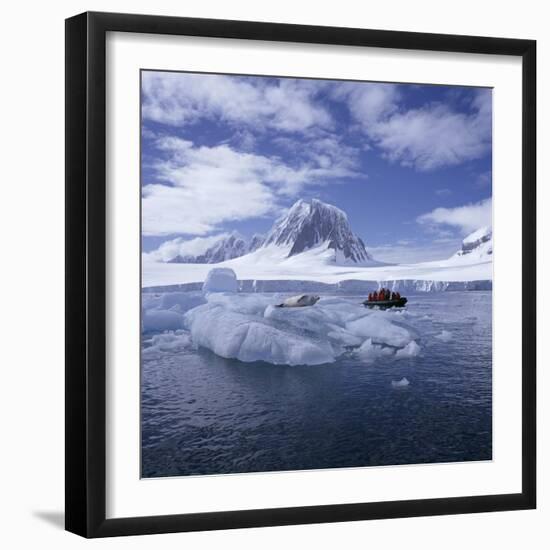 Tourists in Rigid Inflatable Boat Approach a Seal Lying on the Ice, Antarctica-Geoff Renner-Framed Photographic Print
