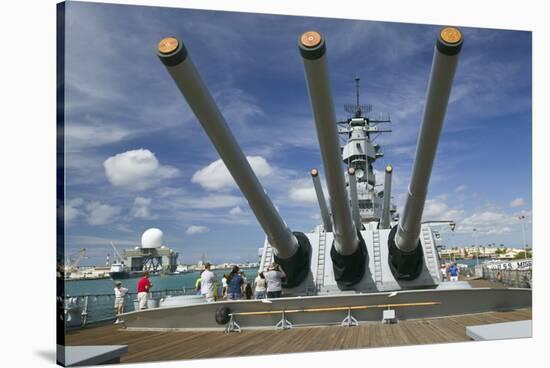 Tourists Looking at Gun Turret on Battleship Missouri-Jon Hicks-Stretched Canvas