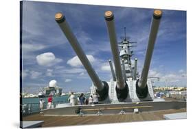 Tourists Looking at Gun Turret on Battleship Missouri-Jon Hicks-Stretched Canvas