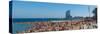 Tourists on the Beach with W Barcelona Hotel in the Background, Barceloneta Beach, Barcelona-null-Stretched Canvas