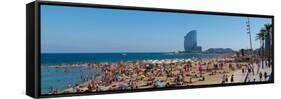 Tourists on the Beach with W Barcelona Hotel in the Background, Barceloneta Beach, Barcelona-null-Framed Stretched Canvas