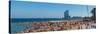 Tourists on the Beach with W Barcelona Hotel in the Background, Barceloneta Beach, Barcelona-null-Stretched Canvas