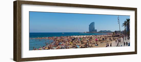 Tourists on the Beach with W Barcelona Hotel in the Background, Barceloneta Beach, Barcelona-null-Framed Photographic Print