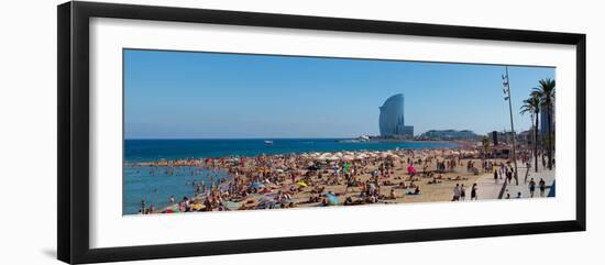 Tourists on the Beach with W Barcelona Hotel in the Background, Barceloneta Beach, Barcelona-null-Framed Photographic Print