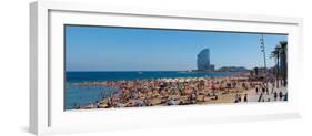 Tourists on the Beach with W Barcelona Hotel in the Background, Barceloneta Beach, Barcelona-null-Framed Photographic Print