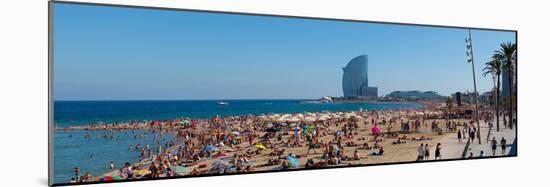 Tourists on the Beach with W Barcelona Hotel in the Background, Barceloneta Beach, Barcelona-null-Mounted Photographic Print