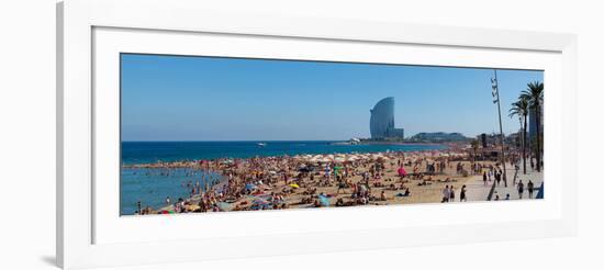 Tourists on the Beach with W Barcelona Hotel in the Background, Barceloneta Beach, Barcelona-null-Framed Photographic Print