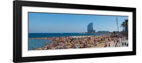 Tourists on the Beach with W Barcelona Hotel in the Background, Barceloneta Beach, Barcelona-null-Framed Photographic Print