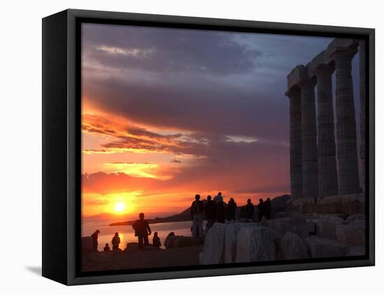 Tourists Stand Outside the Temple of Poseidon at Cape Sounion-null-Framed Stretched Canvas
