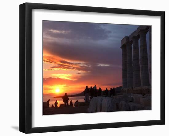 Tourists Stand Outside the Temple of Poseidon at Cape Sounion-null-Framed Photographic Print