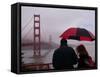 Tourists Use an Umbrella During a Light Rain, Looking at the Golden Gate Bridge in San Francisco-null-Framed Stretched Canvas