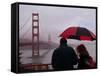 Tourists Use an Umbrella During a Light Rain, Looking at the Golden Gate Bridge in San Francisco-null-Framed Stretched Canvas