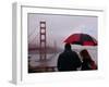 Tourists Use an Umbrella During a Light Rain, Looking at the Golden Gate Bridge in San Francisco-null-Framed Photographic Print