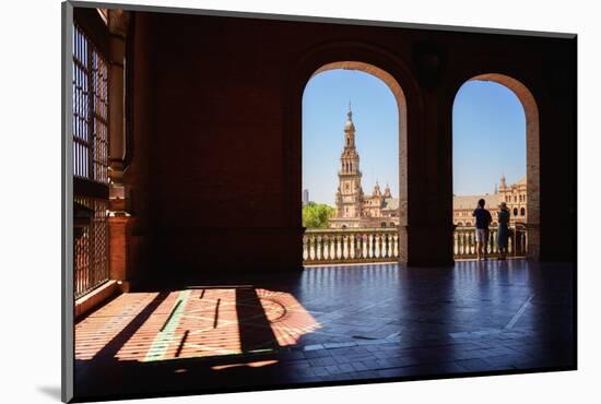 Tourists viewing the Plaza de Espana in Parque de Maria Luisa at night, Seville, Andalucia, Spain-Karen Deakin-Mounted Photographic Print