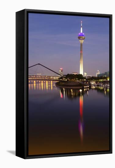 Tower at a Harbor, Rheinturm Tower, Media Harbour, Dusseldorf, North Rhine Westphalia, Germany-null-Framed Stretched Canvas