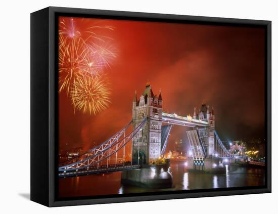 Tower Bridge and Fireworks, London, England-Steve Vidler-Framed Stretched Canvas