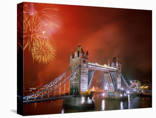 Tower Bridge and Fireworks, London, England-Steve Vidler-Stretched Canvas