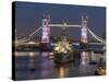 Tower Bridge and HMS Belfast on the River Thames at dusk, London, England, United Kingdom, Europe-Charles Bowman-Stretched Canvas